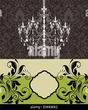Vintage invitation card with ornate elegant retro abstract floral design, gray and black flowers and leaves on brown pale olive green and olive green background with chandelier and plaque text label. Vector illustration. Stock Vector