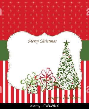 Vintage Christmas card with ornate elegant retro abstract floral design, tree and gift boxes with red and green flowers and leaves on red and white background with ponsettia stars stripes ribbon and plaque text label. Vector illustration. Stock Vector