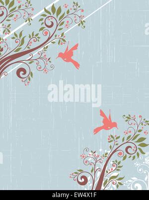 Vintage invitation card with ornate elegant retro abstract floral tree design, brown tree branches with coral pink and olive green flowers and leaves on scratch textured pale blue background with birds and text label. Vector illustration. Stock Vector