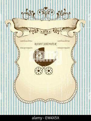 Vintage baby shower invitation card with ornate elegant retro abstract floral design, brown leaves on scratch textured striped light blue background with sash banner baby carriage and plaque text label. Vector illustration. Stock Vector