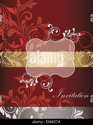 Vintage invitation card with ornate elegant retro abstract floral design, red gold and white flowers and leaves on dark red dark gold and gray background with plaque text label. Vector illustration. Stock Vector