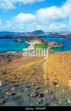 Vertical view of the landscape around Pinnacle Rock in Bartolome Island in the Galapagos Islands Stock Photo