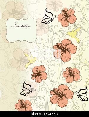 Vintage invitation card with ornate elegant retro abstract floral design, dark peach and pale yellow flowers and leaves on pale yellow background with butterflies birds and plaque text label. Vector illustration. Stock Vector