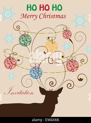 Vintage Christmas card with ornate elegant retro abstract floral design, ball ornaments with red green orange blue flowers and leaves on brown reindeer on brownish gray background with snowflakes and text label. Vector illustration. Stock Vector