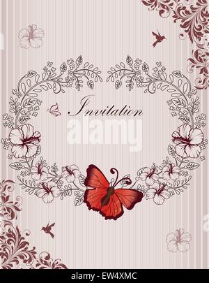Vintage invitation card with ornate elegant retro abstract floral design, reddish brown and black flowers and leaves on striped light gray background with butterfly birds and text label. Vector illustration. Stock Vector