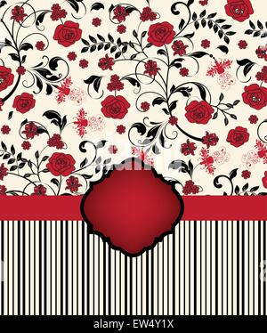 Vintage invitation card with ornate elegant retro abstract floral design, red and black roses flowers and leaves on cream white background with ribbon and stripes. Vector illustration. Stock Vector