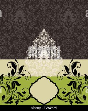 Vintage invitation card with ornate elegant retro abstract floral design, brown white and black flowers and leaves on dark brown pale yellow green background. Vector illustration. Stock Vector