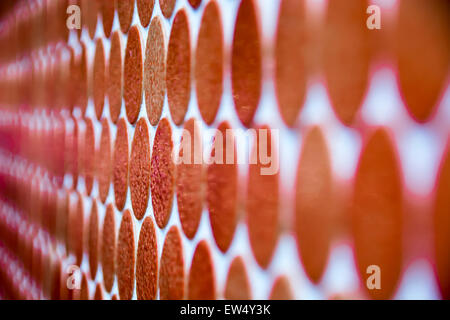 red, orange dots, round, red, horizontal, abstract, repeating, lines, many, wall Stock Photo