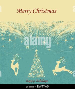 Vintage Christmas card with ornate elegant retro abstract floral design, reindeers and tree with pale yellow flowers and leaves under stars snowflakes and pine needles on aquamarine blue textured background with text label. Vector illustration. Stock Vector