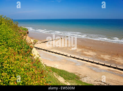 A view of the beach from the cliffs at the North Norfolk village of Overstrand, Norfolk, England, United Kingdom. Stock Photo
