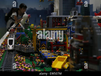 Tokyo, Japan. 18th June, 2015. Lego blocks are seen during the Tokyo Toy Show 2015 in Tokyo, Japan, June 18, 2015. The 4-day annual event kicked off Thursday, attracting 149 toy companies. Credit:  Stringer/Xinhua/Alamy Live News Stock Photo