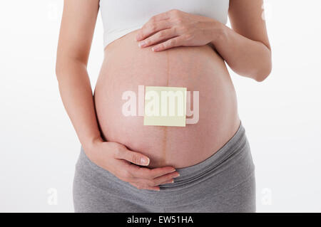 Close-up of a sticker on pregnant woman's abdomen, Stock Photo