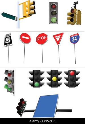 Set of traffic lights. Red signal. Yellow signal. Green signal Stock Vector