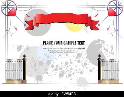 Curled red ribbons on grunge background with iron fence Stock Vector
