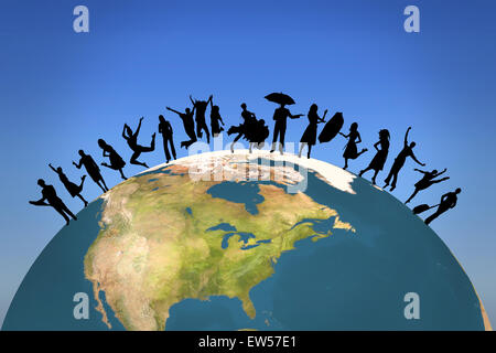 Composite image of silhouette of family jumping Stock Photo