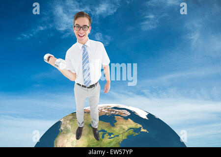 Composite image of geeky happy businessman lifting dumbbell Stock Photo