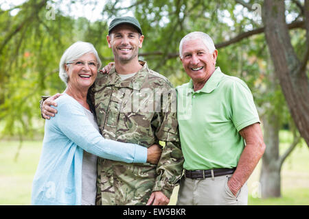 Soldier reunited with his parents Stock Photo