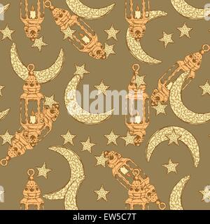 Sketch Ramadan symbol in vintage style, vector seamless pattern Stock Vector