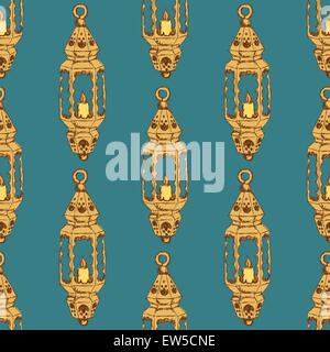 Sketch Ramadan lantern in vintage style, vector seamless pattern Stock Vector