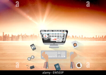 Composite image of robotic businessman working on computer