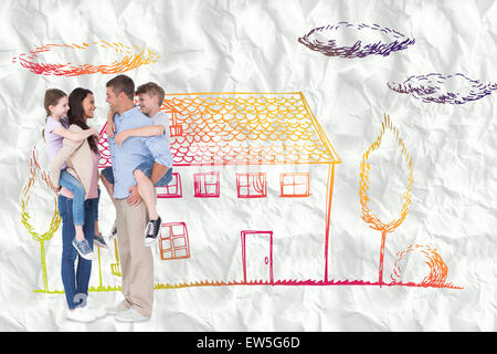 Composite image of side view of parents giving piggyback ride to children Stock Photo