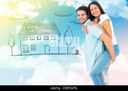 Composite image of happy casual man giving pretty girlfriend piggy back Stock Photo