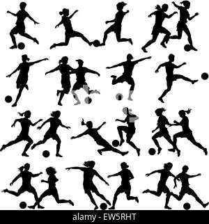 Set of eps8 editable vector silhouettes of women playing football with all figures as separate objects Stock Vector