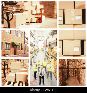 Composite image of warehouse with cardboard boxes Stock Photo