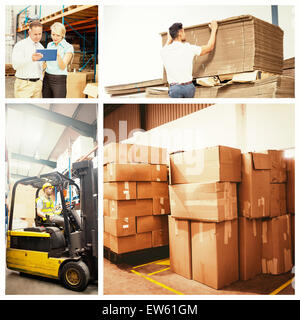 Composite image of cardboard boxes in warehouse Stock Photo
