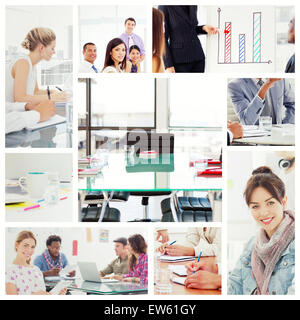 Composite image of editor holding tablet and smiling as team works behind her Stock Photo