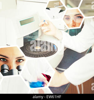 Composite image of portrait of science students doing an experiment Stock Photo