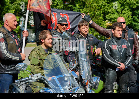 Prayer for the Day of memory and grief, beginning of the WW II. First in Kaliningrad procession on motorcycles and priest Stock Photo