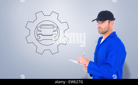 Composite image of mechanic in blue overalls writing on clipboard Stock Photo