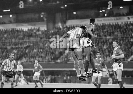 Coventry City 5 v Nottingham Forest 4.  Fourth round of the Rumbelows Cup at Highfield Road (Picture shows) Players contesting the ball. 28th November 1990 ariel Stock Photo