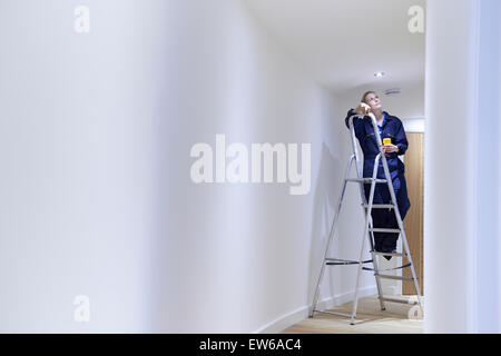 Female Electrician Installing Lights In Ceiling Stock Photo