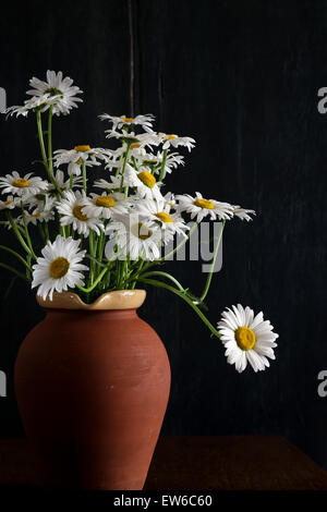 Daisy bouquet in nature brown clay vase dark background with white flowers