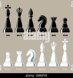Complete set of chess pieces in black and white. Isolated on monochrome background. Only free font used. Stock Vector