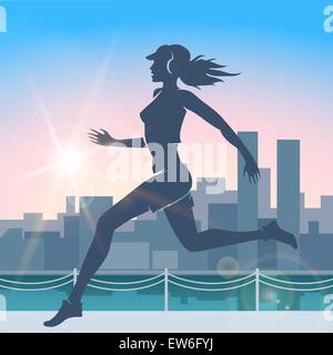 Young woman running against city quay early in the morning. Stock Vector