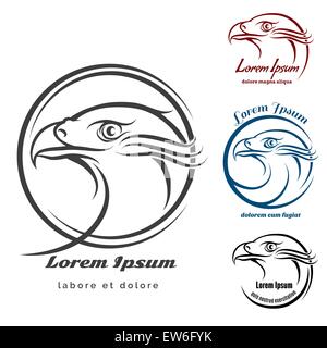 Eagle head emblem or Logo set. Monochrome signs isolated on white background. Only free font used. Stock Vector