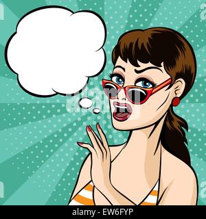 Pop art retro woman in glasses with empty speech bubble for your text. Retro comics style Stock Vector