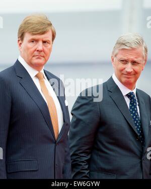 King Willem-Alexander of The Netherlands (L) and King Philippe of Belgium during official celebration as part of the bicentennial celebrations for the Battle of Waterloo, Belgium 18 June 2015. On 19 and 20 June 2015, some 5000 re-enactors, 300 horses and Stock Photo