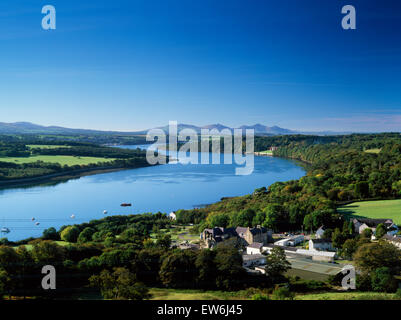 View over the Menai Strait looking SW from top of the Marquess of Anglesey's Column with his home, Plas Newydd, visible rear R & peaks of Lleyn beyond Stock Photo