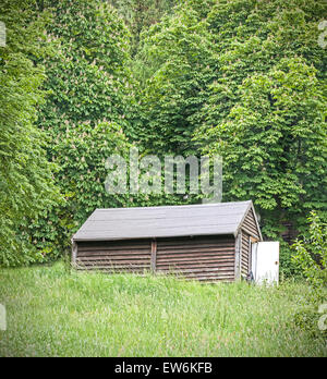 Old wooden mountain hut in a forest. Stock Photo