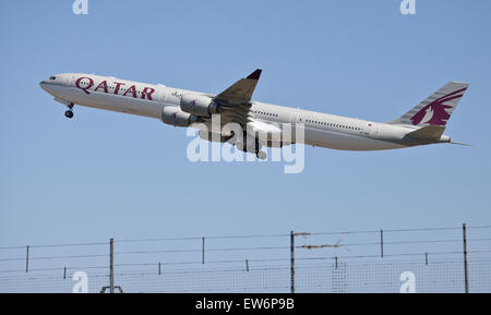 Qatar Airways Airbus a340 A7-AGB departing London-Heathrow Airport LHR Stock Photo