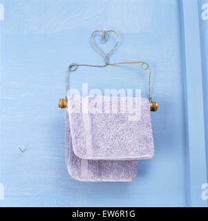 Close-up of a blue flannel on a metal toilet-roll holder Stock Photo