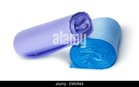 Two multicolored rolls of plastic garbage bags isolated on white background Stock Photo