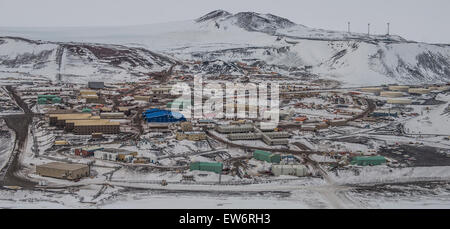 McMurdo Station, Ross Island, Antarctica from the air. Stock Photo