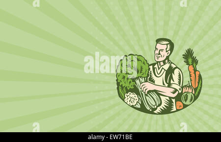 Business card showing illustration of an organic farmer green grocer with leafy green vegetables crop farm harvest done in retro Stock Photo