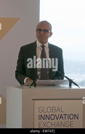 (150619) -- SEATTLE, June 19, 2015 (Xinhua) -- Microsoft CEO Satya Nadella speaks at the launching ceremony of the Global Innovation Exchange (GIX) Institute in Seattle on June 18, 2015. U.S. University of Washington and China's Tsinghua University launched the Global Innovation Exchange (GIX) Institute in Seattle on Thursday, with a special ceremony attended by representatives from both sides. This is the first time that a Chinese research university settles in the United States. Microsoft CEO Satya Nadella announced that Microsoft would allocate 40 million U.S. dollars to support GIX. (Xinhu Stock Photo