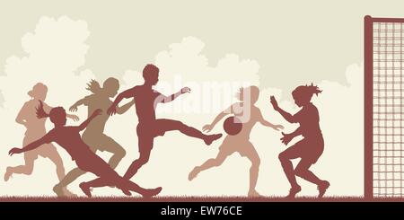 EPS8 editable vector cutout illustration of action in a ladies football match with all figures as separate objects Stock Vector